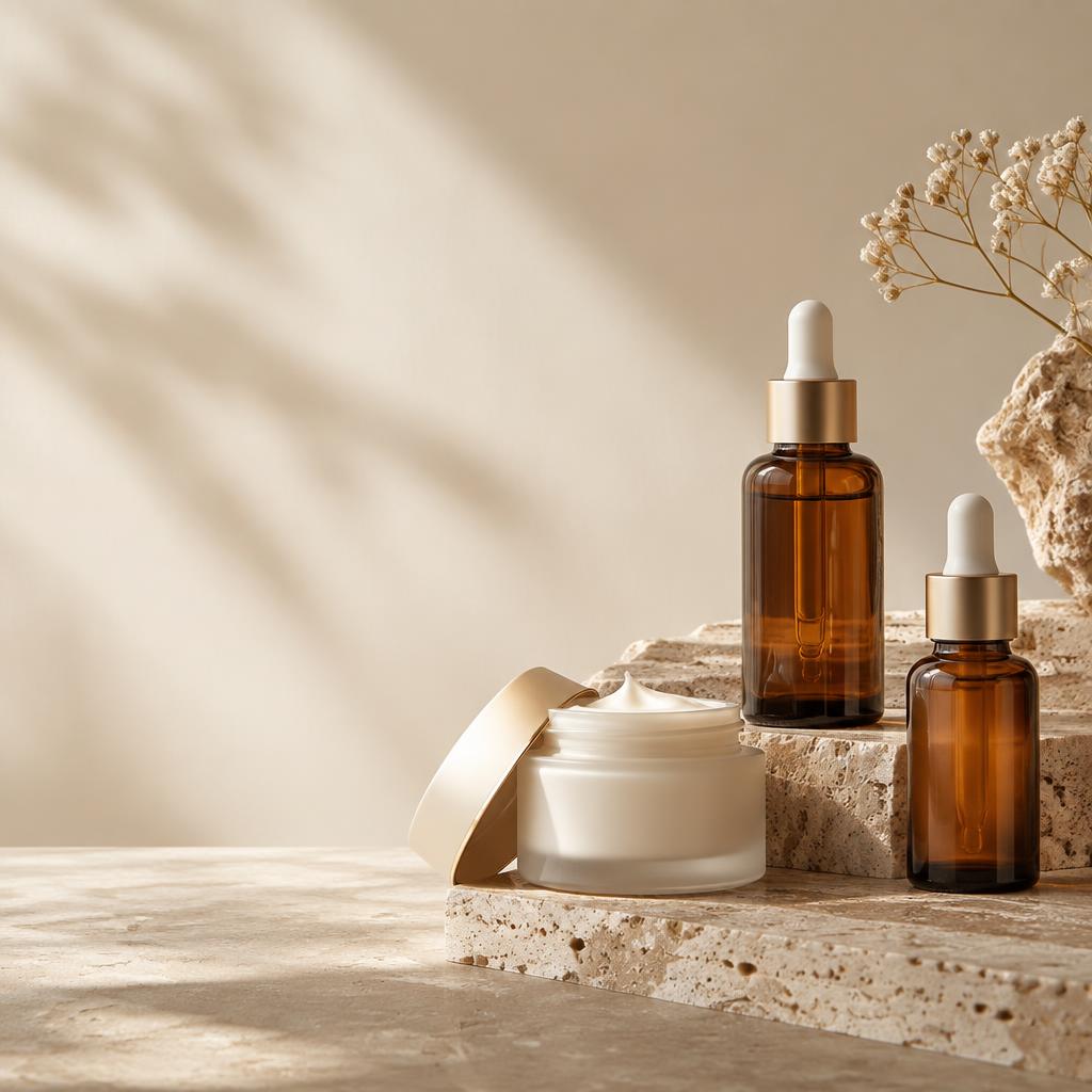Aurelle skincare collection on travertine stone